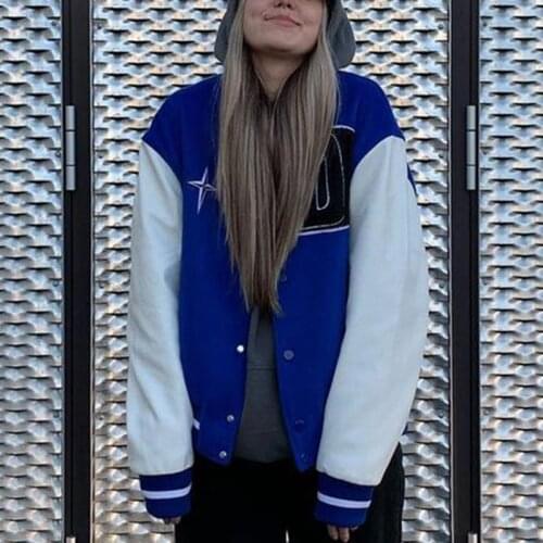 Womens Coats and Jackets Alphabet stars Casual Coat Hip Hop vintage bombers Baseball Uniforms Street Loose Stitching Jacket Tops