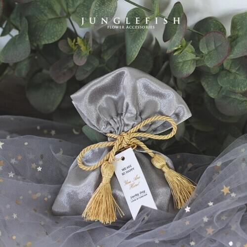 10pcs/lot Space silver wedding candy bag silk satin golden tassel High texture for Wedding, birthday party free shipping