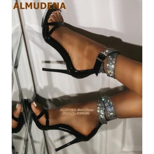 ALMUDENA Bling Bling Crystal Ankle Buckle Strap Sandals Stiletto Heels Cross Strap Wedding Shoes Plus Size47 Rhinestone Pumps