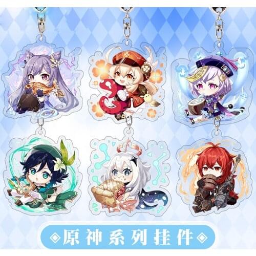 Anime Game Genshin Impact Keqing Diluc Qiqi Venti Klee Keychain Acrylic Keyring Cosplay Cartoon Bag Pendant Toys Xmas Gifts