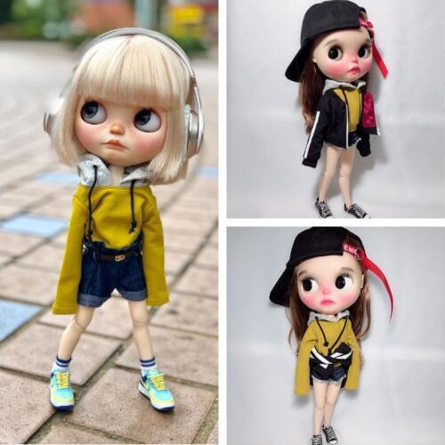 1PCS Black Sport Jacket Coat Yellow Hoodie Denim Short Pants for Blyth ,Ob24 Dolls Clothing Stitching Fleece