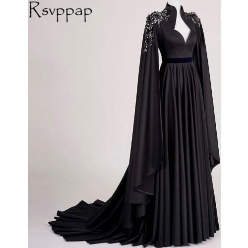 Beaded Long Sleeve Black Long Evening Dresses 2021 Elegant High Neck Satin A-line Dubai Muslim Women Party Formal Evening Gowns