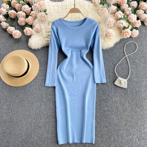 Croysier Autumn Winter Sweater Dress Elegant Knitted Bodycon Dress Women Round Neck Long Sleeve Casual Knee Length Midi Dress
