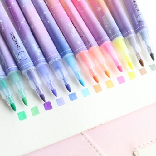 Domikee Korean creative sky stars school colored Highlighters student 12 colors double heads bulk Highlithers pens stationery