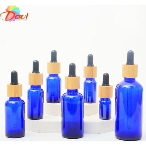 10PCS/LOT Blue Glass Dropper Bottle Natural Bamboo Cap Refill For Essence Massage Face Oil Aromatherapy Liquid Skincare