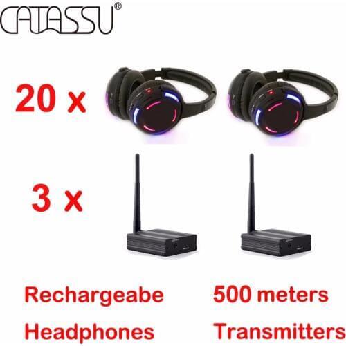 500m LED wireless silent disco headphone bundle including 20 headphones plus 3 transmitters and 16 charge system