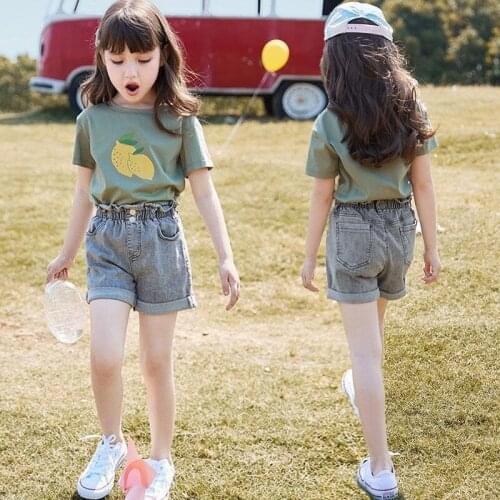 Girls Sets 2021 New Korean Style Foreign Kids Clothes Children Short-sleeve Summer Denim Shorts Two-piece Trend
