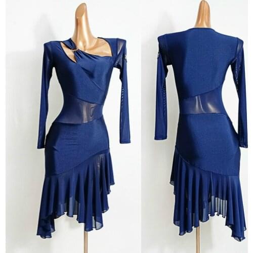 Latin practice clothes blue women long-sleeved new dress irregular mesh skirt rumba dancing dress ladies latina