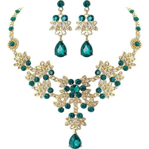 Fashion Crystal Water Drop Leaf Bridal Jewelry Sets Gold Rhinestone Choker Necklace Earrings wedding African Beads Jewelry Set