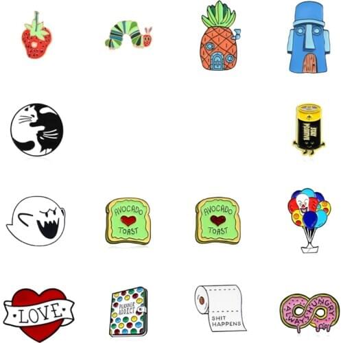 Cartoon Book Brooch Avocado Toast Bread Enamel Pins Skeleton battery Badges Fashion Jewelry for Friends Backpack Accessories