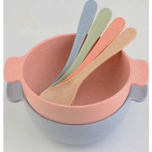 Baby Feeding Tableware Set Eco-Friendly Wheat Baby Plate Dishes Children Dinnerware Kids Anti-hot Training Bowl+Spoon
