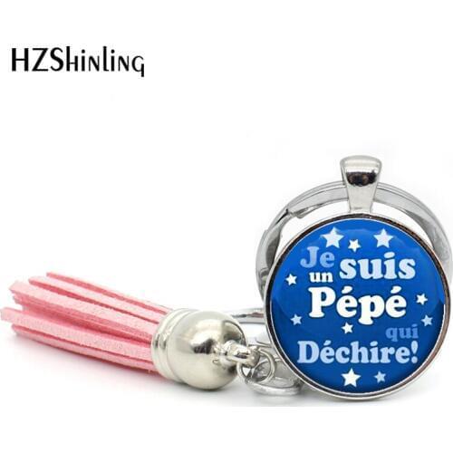 2017 New Trendy Je un suis Pepe qui Dechire Tassel Key Chains Fashion Jewelry I love papa Glass Dome Pendant Keyring