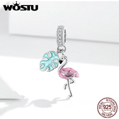 WOSTU Fit Original Charm Bracelet 925 Sterling Silver Bead Flamingo Clear CZ Crystal European Charms Bead DIY Jewelry
