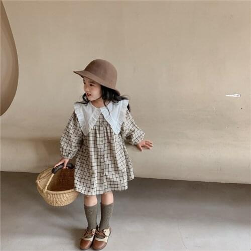 2021 Autumn Korean New Baby Girl Dress Kids Cotton and Linen Lace Lapel Plaid Dress Thin Korean Girls Dress Baby Girl Clothes