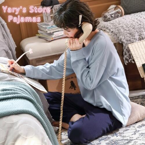 Pyjamas Women Female Spring&autumn Pure Color Is Sweet and Pure and Fresh and Recreational Round Neck Cotton Women Pajamas Set