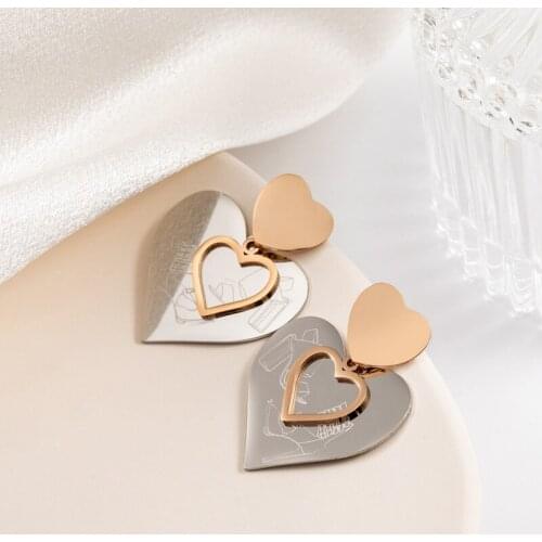 Origin Summer Luxury Titanium Steel Love Heart Dangle Earrings for Women Female Hollow Out Metal Charm Earring Sweet Jewelry