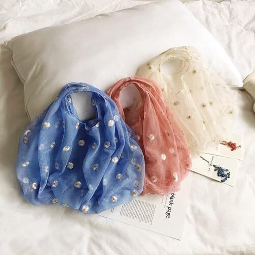 3d Women Girls Daisy Embroidery Handbag Shopping Bag Small Transparent Tote Mesh Cloth Bag High Quality Eco Fruit Bag Purse
