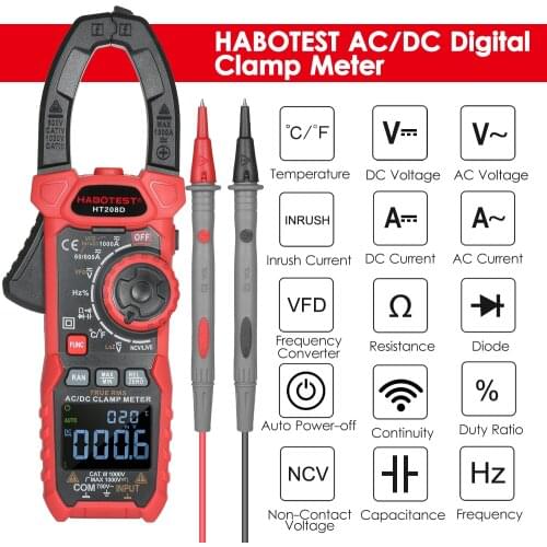 HABOTEST AC/DC Clamp Meter True-RMS Multimeter Anto-Ranging Tester Clamp Diode Capacitance Resistance Continuity NCV Temperature