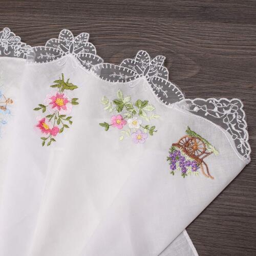 Vintage Cotton Women Hankies Embroidered Butterfly Lace Flower Hanky Floral Assorted Cloth Ladies Handkerchief Fabrics 6PCS 20