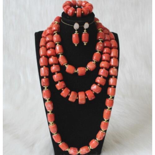 Dudo 15mm-22mm Nigerian Big Jewelry Set Nature Coral African Beads Jewelry Nigerian Wedding Bridal Set 3 Layers Earring Bracelet Necklace Set 2019