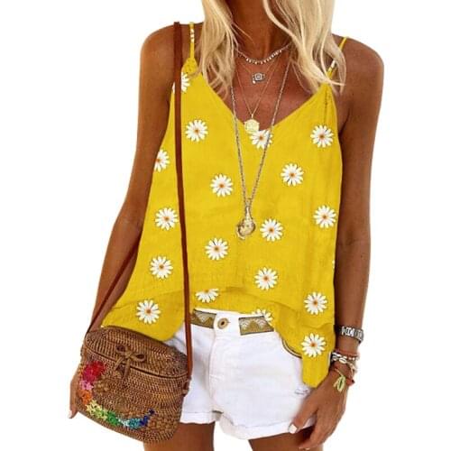 Small Daisy Print V Neck Sleeveless Sling Vest T Shirt Women Casual Holiday Beach Streetwear Plus Size Tees Ladies Tees