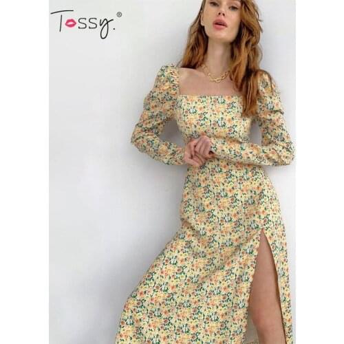 Tossy High Split Out Floral Print Long Sleeve Maxi Dress Women Candy Color Sweety Dressres Autumn Country Style Outwears 2021
