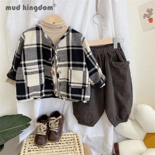 Mudkingdom Kids Toddler Pants Set Plaid Long Sleeve Cotton Linen Jacket Loose Jogger Trousers Solid Undershirts 3pcs Outfits