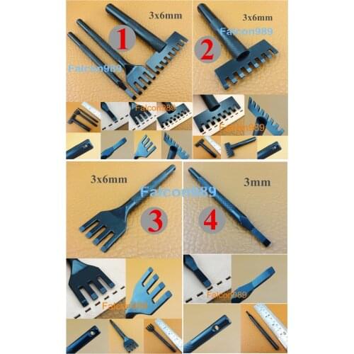 4kinds 1/8" 1/4/8 Prongs 3x6mm Leather Craft Sewing Stitching Pro Line Lacing Flat Shaped Tips Chisel Pricking Iron Punch Tool