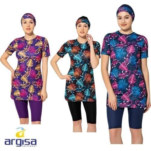 Argisa 7830 Half Sleeve Leaf Patterned Semi Burkini Muslim Swimwear 38-52 Plus Size Hijab Islamic Swimsuit Fashion Turkey Women