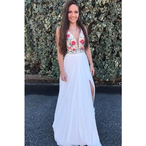 Vestidos Deep V-neck Embroidery Chiffon Prom Gown Sexy Spaghetti Straps Side Split Long Evening Party Dresses вечерние платья