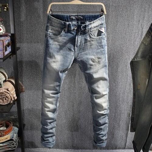 European Vintage Fashion Men Jeans Retro Light Blue Simple Designer Slim Jeans Men High Quality Korean Casual Cotton Denim Pants