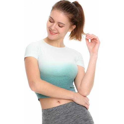 Womens Quick Drying T shirt High Elastic Breathable Compression Tops Gradient Color Gym Running Short Sleeve Tees Clothes
