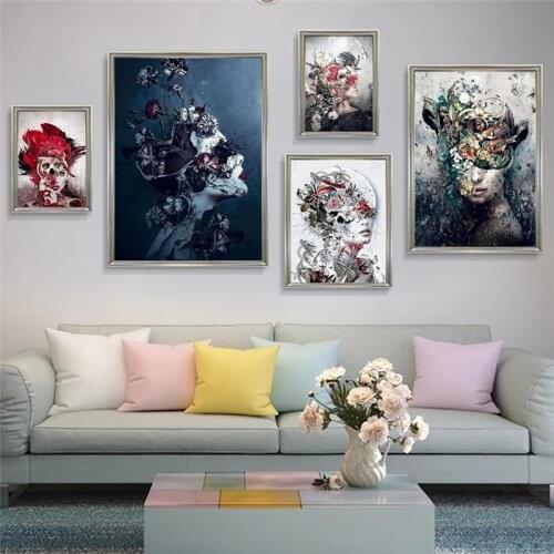 Creative Canvas Painting of Woman Face and Animal Flower Skull Fusion Mural of Snake on the Head Home Interior Art Decoration