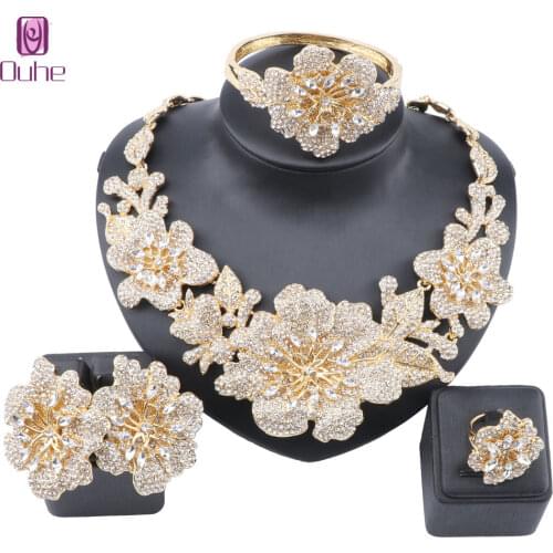 Womens Wedding Bridal Crystal Multi Flower Cluster Statement Necklace Dangle Earrings Bangle Ring Jewelry Set