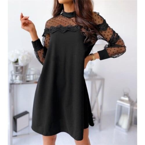 O-Neck Long Sleeve Solid Color Slim Mini Dress Women Spring Autumn A-Line Dress Mesh Patchwork Design Lace Decor See Through