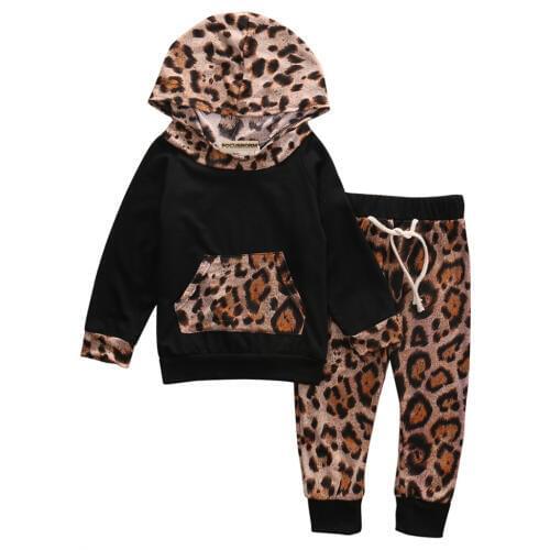 Autumn Winter Children Baby Clothing Newborn Baby Boy Girl Leopard Hooded Tops Coat Pants 2PCS Outfits Set Clothes 0-24M