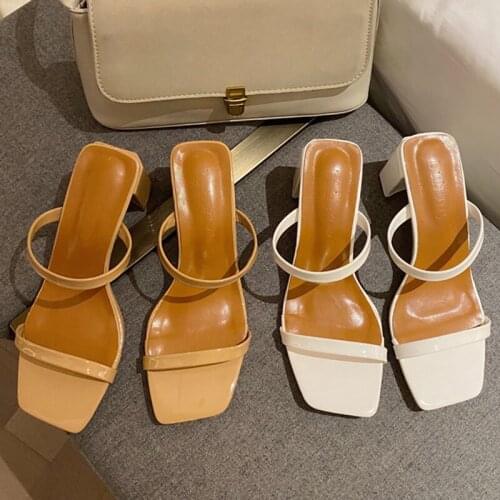 Design Low Heels Slides Women Block High Heels Summer Shoes Female Khaki Leather Muller Sandals Lady Casual Peep Toe Slippers