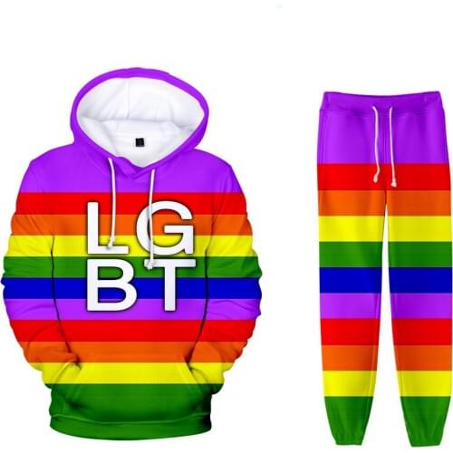 2020 New 3D Print LGBT High Quality Long-sleeved Hooded 2Pcs Women/Men Autumn Tracksuit Colorful Rainbow Hoodies Pants
