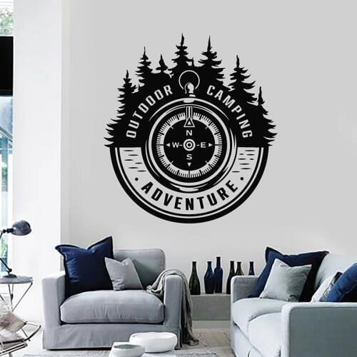Outdoor Camping Wall Decal Adventure Words Travel Fir Tree Forest Vinyl Sticker Compass Art Mural Bedroom Home Decor S1341