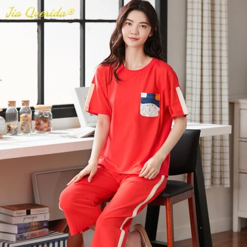 Smart Casual Home Clothing for Young Ladies 2020 Summer New Pijama 100% Pure Cotton Pajamas for Women Calf-length Pants Pjs Set