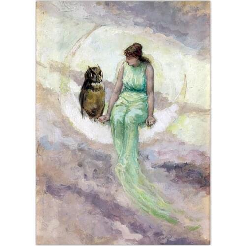 Vintage Witch Daugther Moon Goddess Owl Crescent Nordic Poster Wall Art Canvas Painting Wall Pictures For Living Room Unframed
