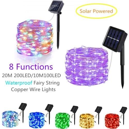 8 Functions Solar Powered String Lights Waterproof Fairy String LED Copper Wire Lights for Party Patio Garden Yard Wedding Decor
