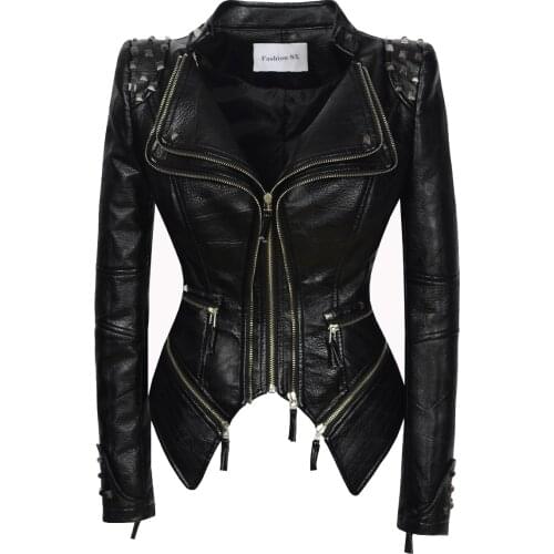 SX Women Fashion Casual Artificial Leather Coat Rivet Jacket Lapel Studed Slim Lit Faux Pu Texture Zipper Rider Punk Outwear