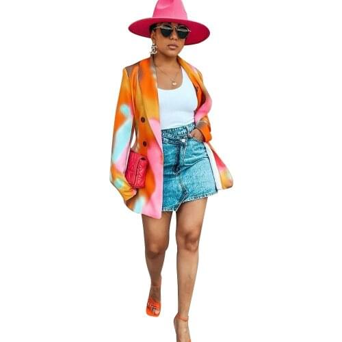 RStylish 2021 Autumn Fashion Women Streetwear Double Breasted Tie Dye Print Loose Harajuku Blazer Jacket Coat