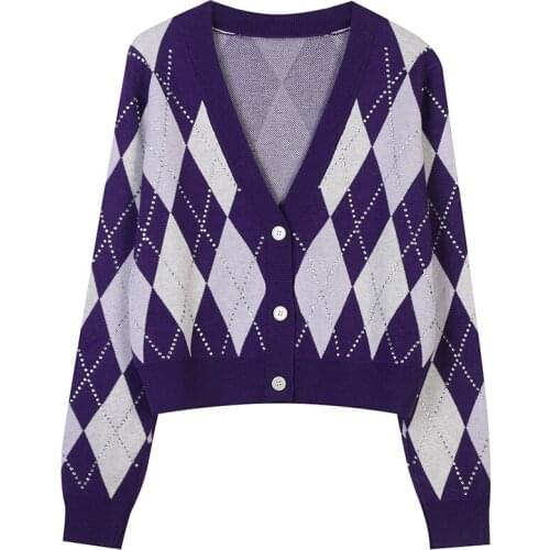 Fall 2021 Women Clothing Pink Cardigan Harajuku Sweater V-Neck Argyle Sequined Long Sleeve Loose Knitting Cardigan Female