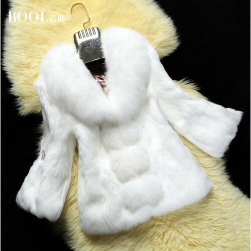 2017 Spring Autumn Womens Genuine Natural Rabbit Fur Coat 3/4 Sleeve Fox Fur Collar Lady Slim Outerwear Coats VF0076