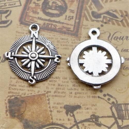 50Pcs/lot Antique Silver Compass Charms 25*30MM Round Navigation Pendant for Jewelry Making