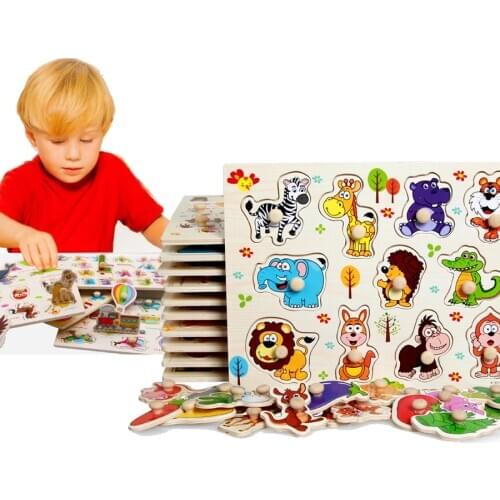 3D Montessori Wooden Puzzle Hand Grab Board Educational Wood Puzzles for Kids Animal Vehicle Montessori Educational Wooden Toys