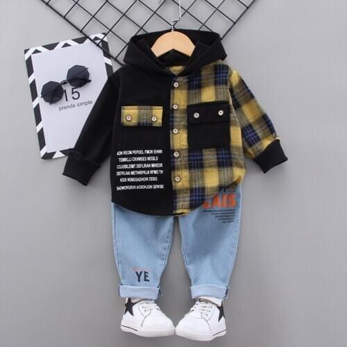 Spring Autumn Fashion Cotton Tops+pants 2pcs Kids Boys Plaid Style Clothing Set Children Boys Outfits 1-5Y Clothing