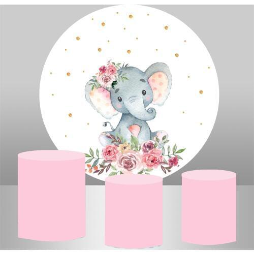 Round Circle Background Birthday Table Party Decoration Baptism Elephant Baby Shower Elastic Fabric Cylinder Plinths Cover